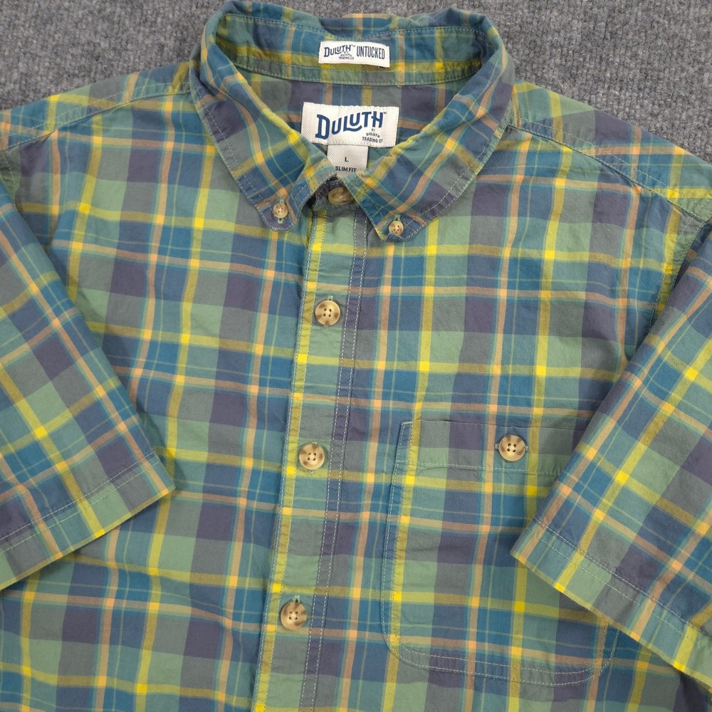 Duluth Trading Co BBQ Shirt Mens L Multi Plaid Untucked Slim Fit Short Sleeve